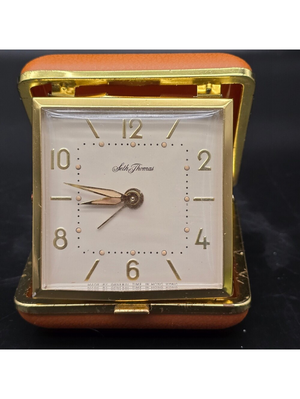 Vintage Seth Thomas Travel Alarm Clock Orange Leather Case Working Mid Century